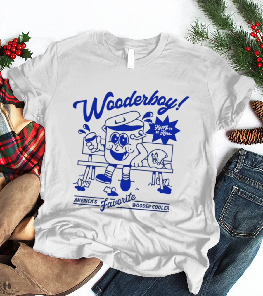 Wooderboy America's Favorite Wooder Cooler Happy To Be Here Cartoon Character Sitting On Bench With Drink T-Shirt