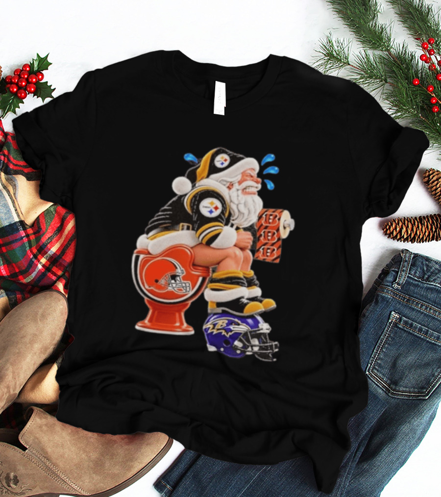 Pittsburgh Steelers Santa Christmas Cleveland Browns Toilet Baltimore Ravens Helmet Cincinnati Bengals Toilet Paper Football T-Shirt