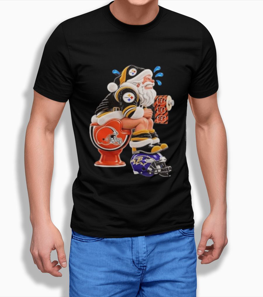 Pittsburgh Steelers Santa Christmas Cleveland Browns Toilet Baltimore Ravens Helmet Cincinnati Bengals Toilet Paper Football T-Shirt