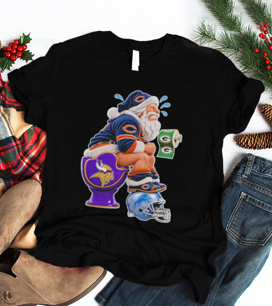 Santa Claus On Toilet Minnesota Vikings Detroit Lions Green Bay Packers Chicago Bears Funny Christmas 2026 Football T-Shirt