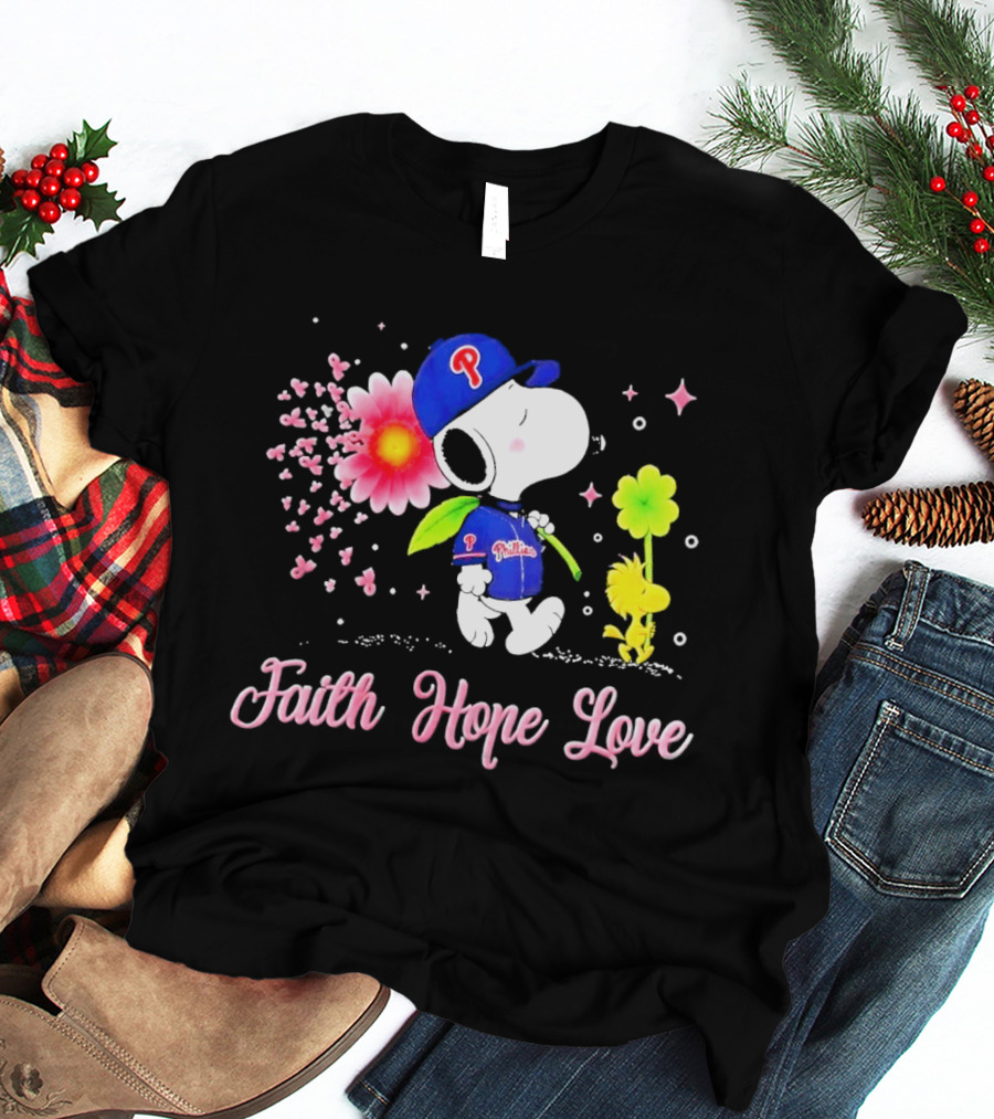 Philadelphia Phillies Snoopy Faith Hope Love Breast Cancer Awareness T-Shirt
