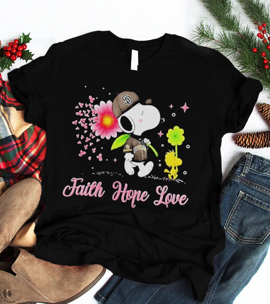 Snoopy San Diego Padres Faith Hope Love Breast Cancer Awareness T-Shirt