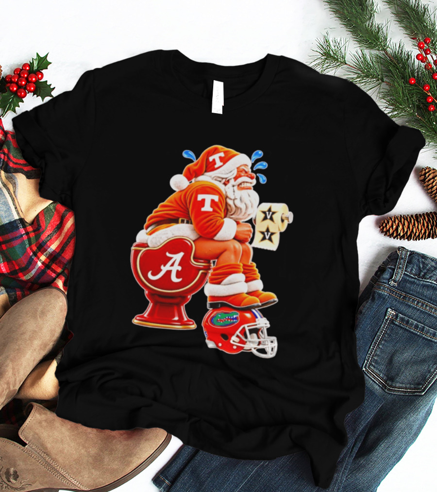 Tennessee Volunteers Santa Claus With Alabama Crimson Tide Toilet Vanderbilt Commodores Toilet Paper Florida Gators Helmet T-Shirt