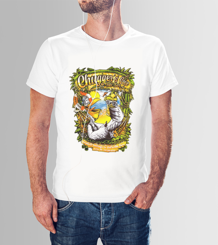 Chugger's Cove Tiki Bar Beach Pelican Drink Ur Feelings Ocean Floor Berlin MD T-Shirt