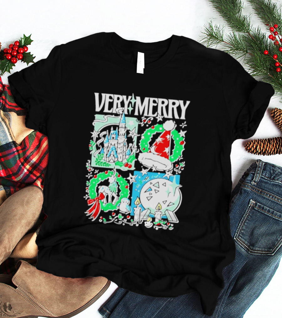 Very Merry 2026 Christmas Disney Castle Holiday Wreath And Santa Hat Candles T-Shirt