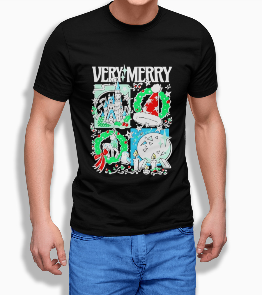 Very Merry 2026 Christmas Disney Castle Holiday Wreath And Santa Hat Candles T-Shirt