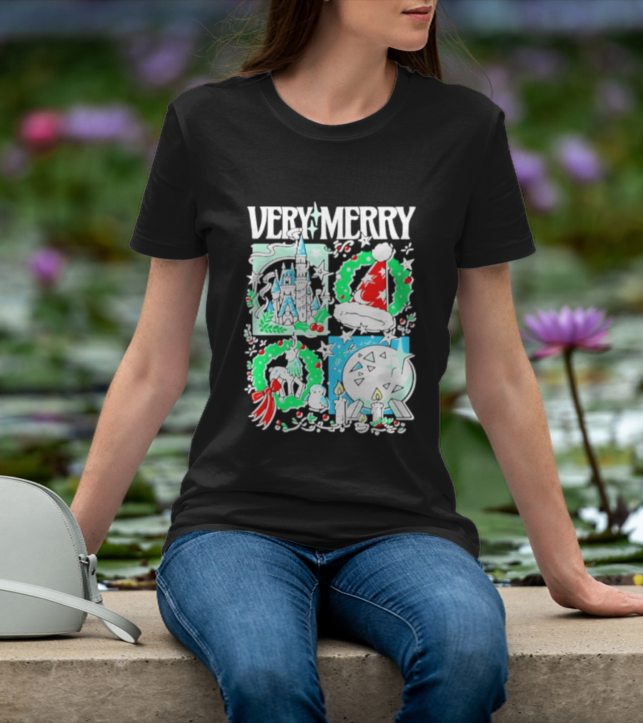 Very Merry 2026 Christmas Disney Castle Holiday Wreath And Santa Hat Candles T-Shirt