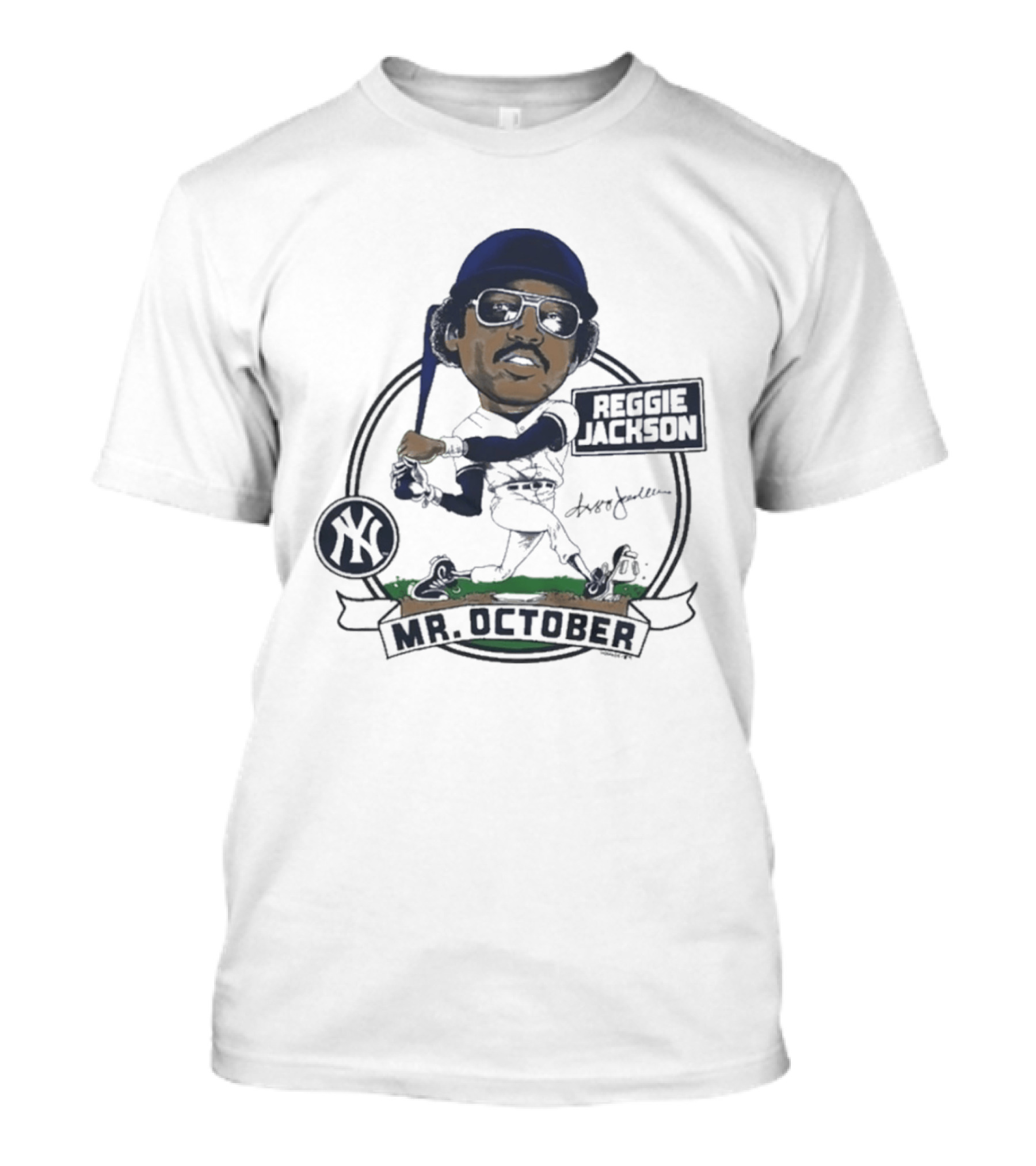 Yankees Reggie Jackson Mr. October Caricature Signature Art With NY Yankees T-Shirt