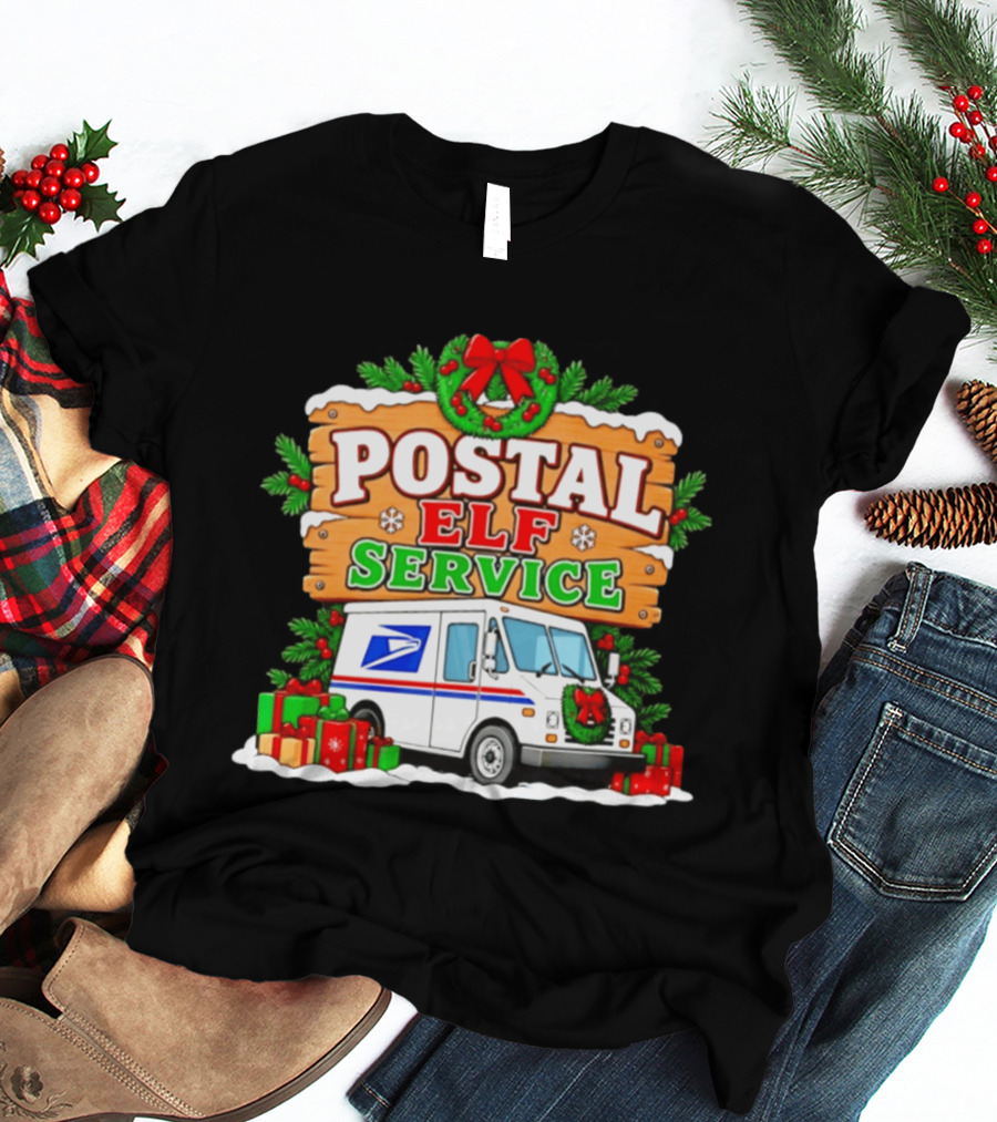 USPS Christmas Postal Elf Service Truck Wreath And Holiday Gifts T-Shirt