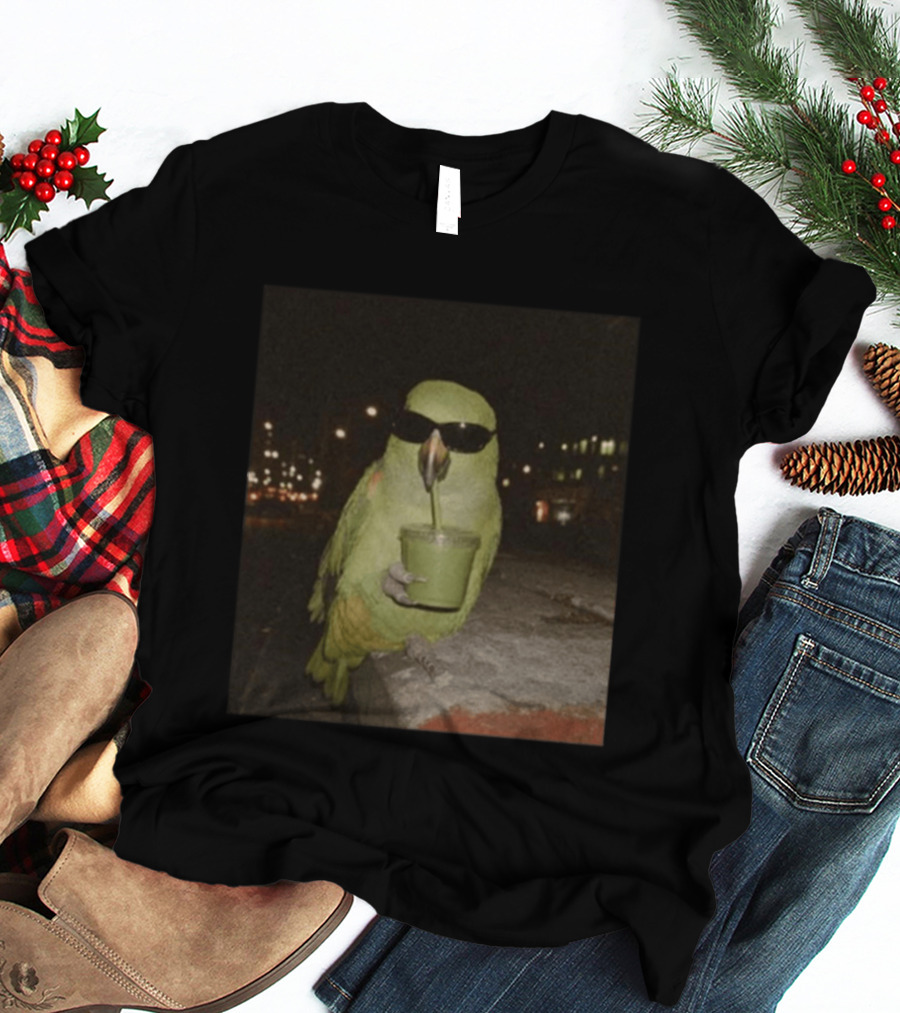 Parrot Wearing Sunglasses Enjoying Green Smoothie At Night T-Shirt