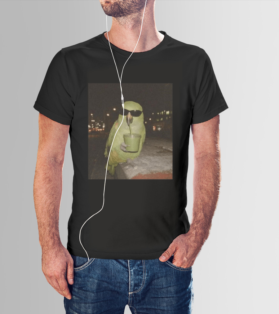 Parrot Wearing Sunglasses Enjoying Green Smoothie At Night T-Shirt
