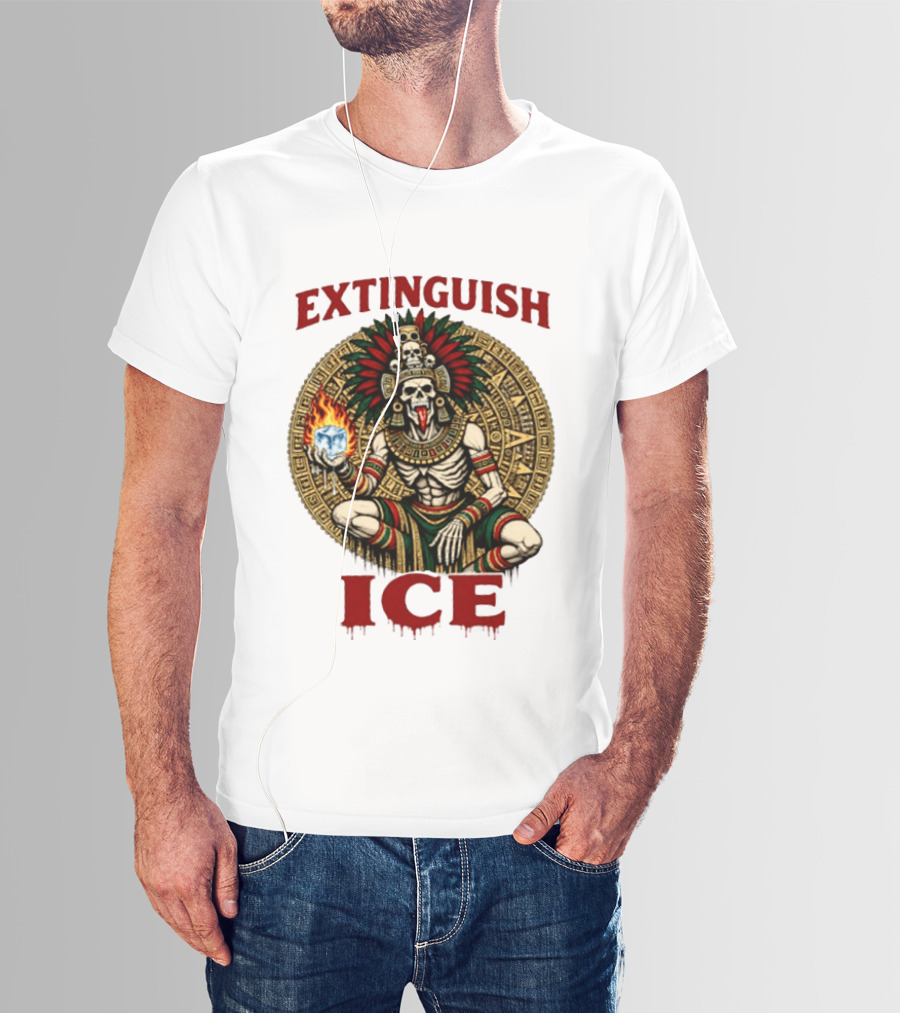 Aztec Skeleton Extinguish Ice Fire Mayan T-Shirt