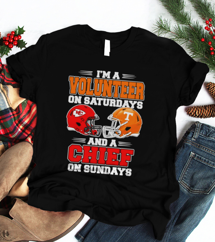I'm A Volunteer On Saturdays And A Chief On Sundays 2026 Kansas City Chiefs Tennessee Volunteers Football Helmets T-Shirt