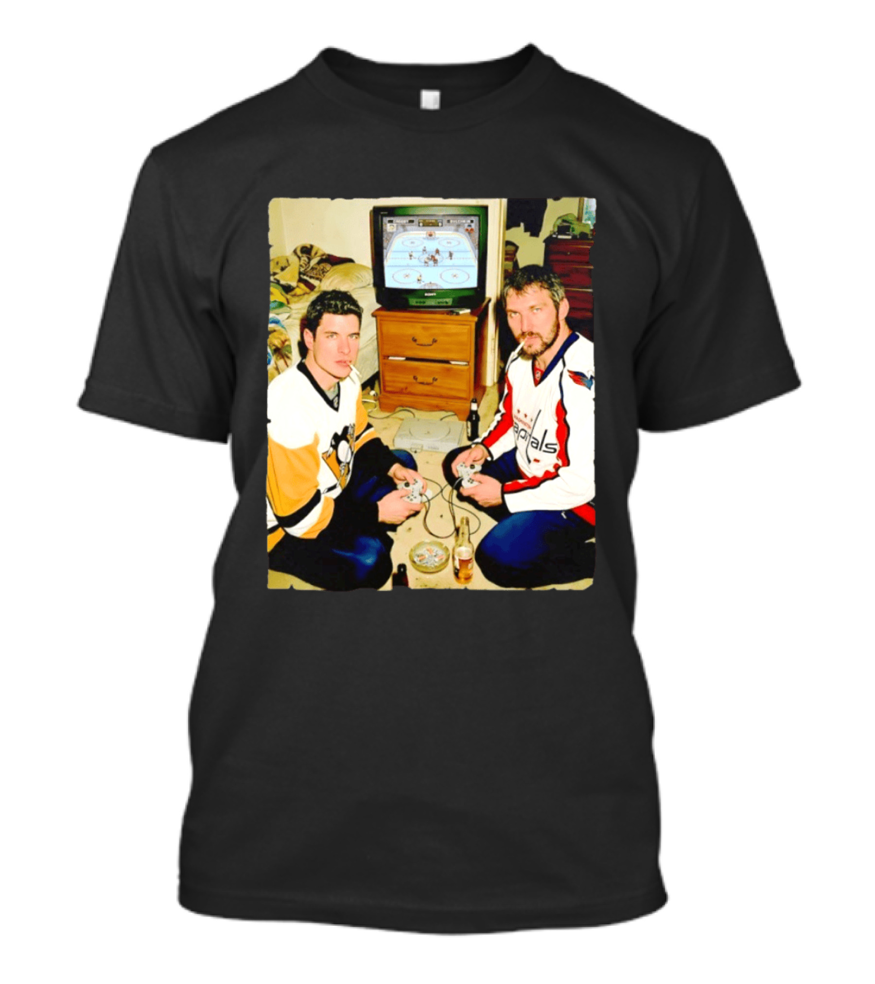 Sidney Crosby And Alex Ovechkin Video Game Hockey Night With Beer And Cigarettes T-Shirt