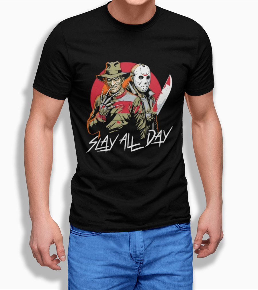 Freddy Krueger And Jason Voorhees 2026 Halloween Slay All Day Horror Iconic Duo T-Shirt