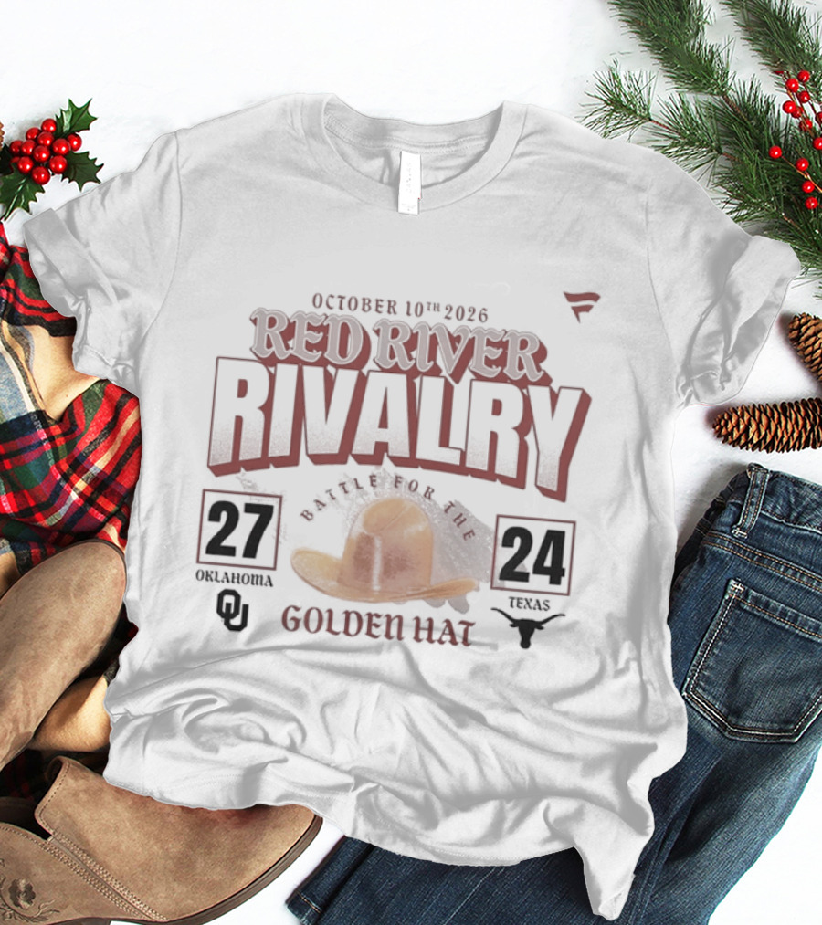 October 10th 2026 Red River Rivalry Oklahoma 27 Texas 24 Golden Hat T-Shirt