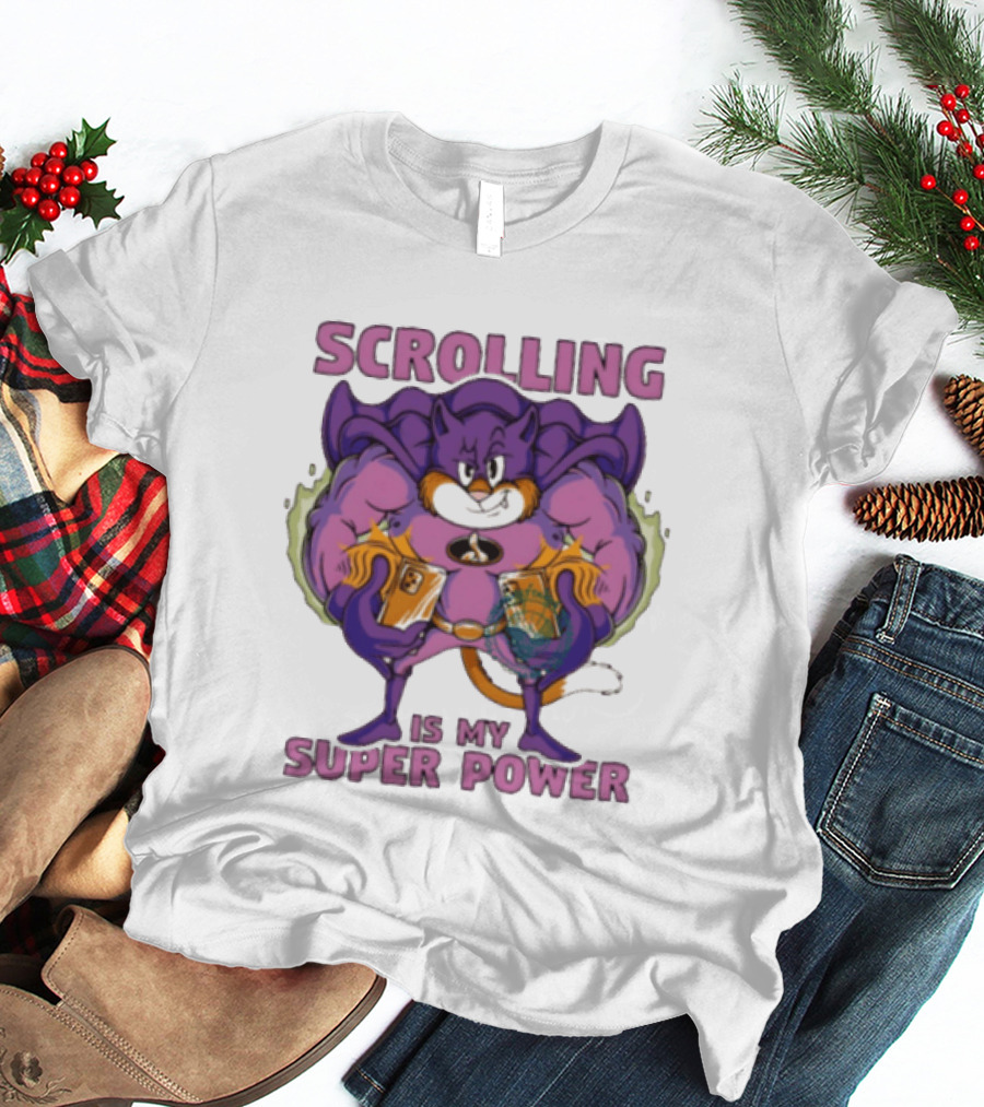 Scrolling Is My Super Power Superhero Cat Comic T-Shirt