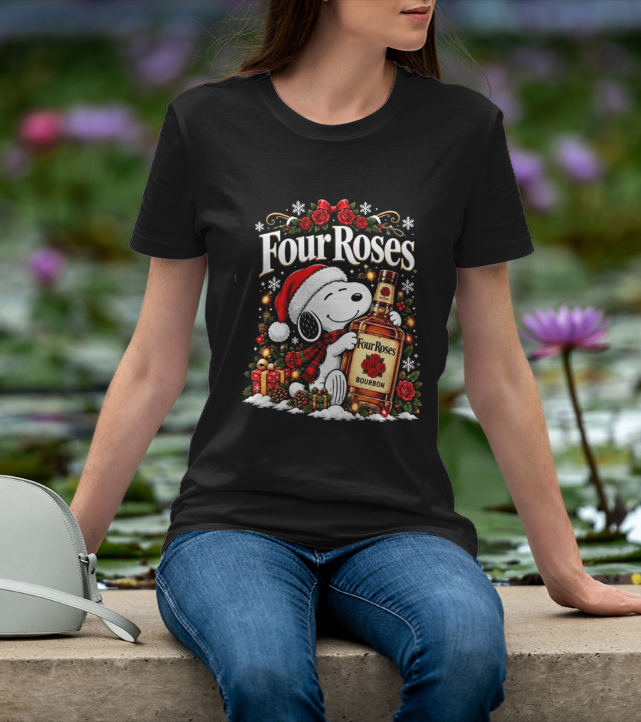 Four Roses Christmas 2026 Bourbon Snoopy Santa Hat Festive Cheer T-Shirt
