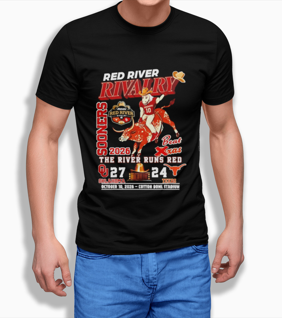 Red River Rivalry Sooners Beat Texas 2026 The River Runs Red 27 24 Oklahoma T-Shirt