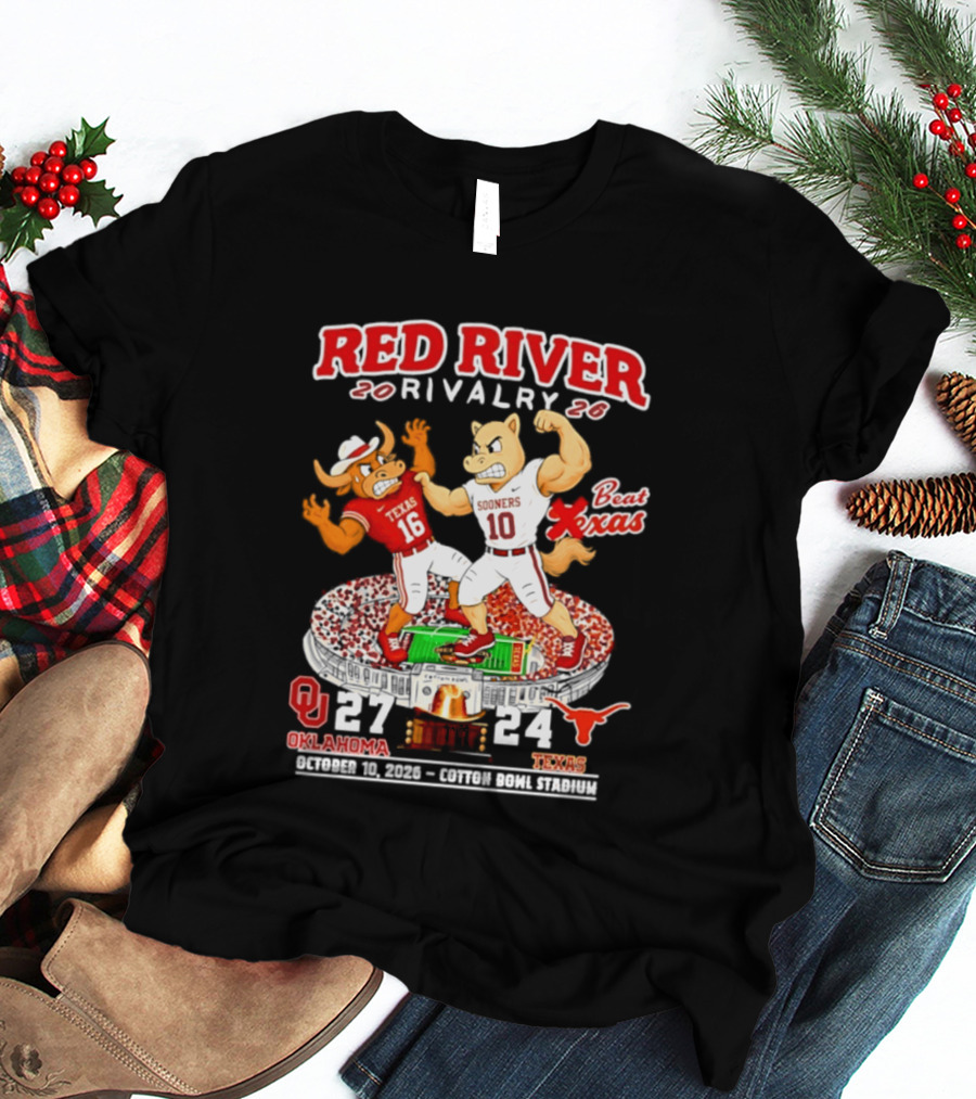 Red River Rivalry 2026 Oklahoma Sooners 27 Texas 24 October 10 Cotton Bowl Stadium T-Shirt