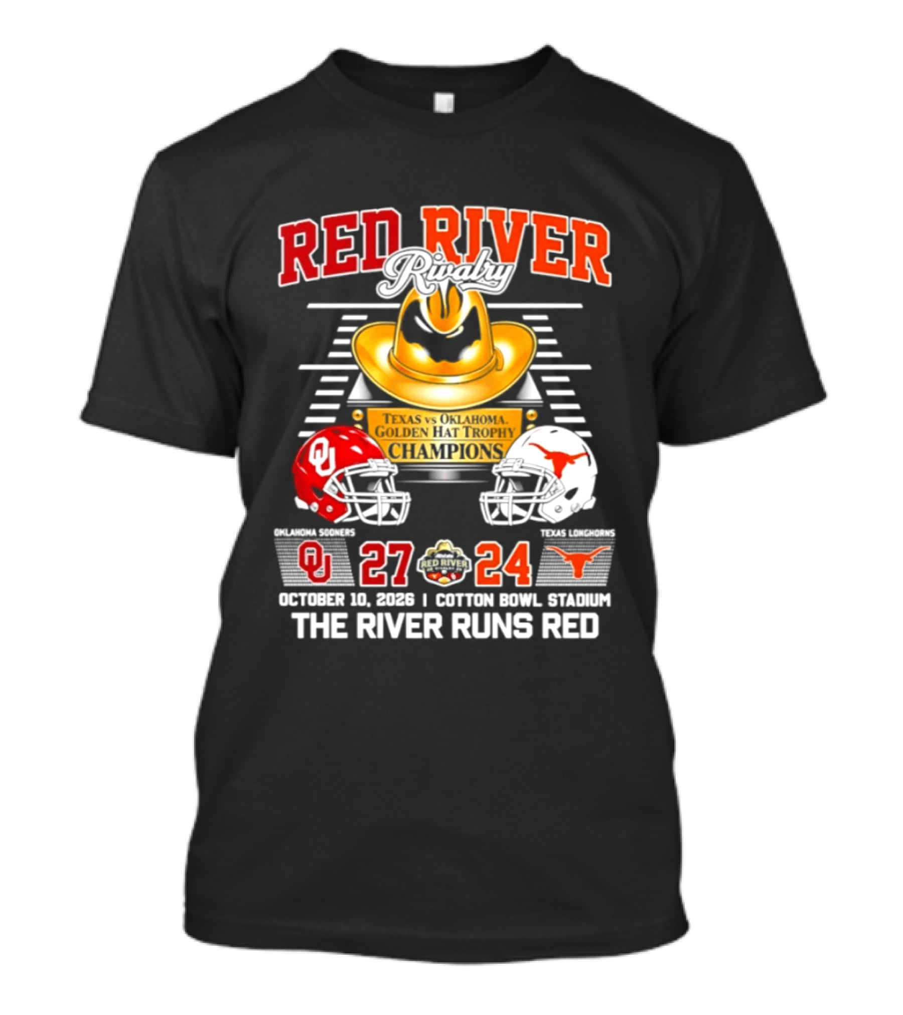 Oklahoma Sooners Red River 2026 The River Runs Red 27 24 Cotton Bowl Stadium T-Shirt