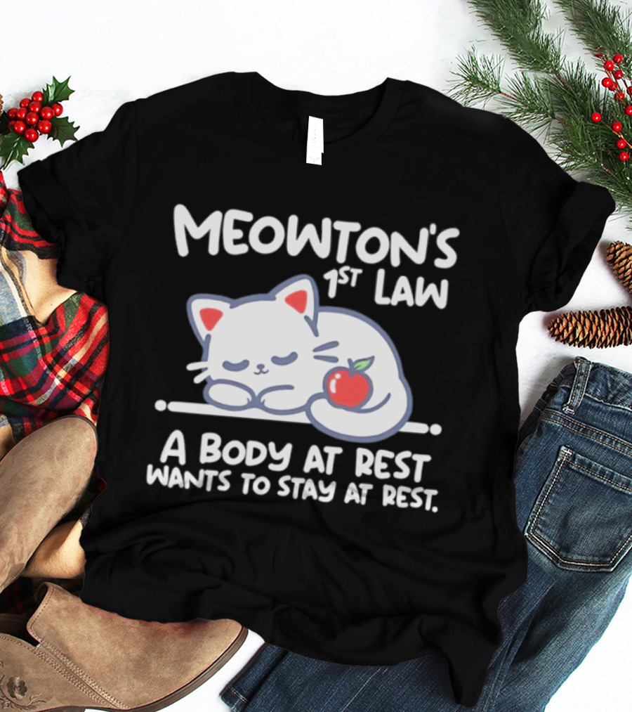 Meowton's 1st Law A Body At Rest Wants To Stay At Rest Sleeping Cat With Apple T-Shirt