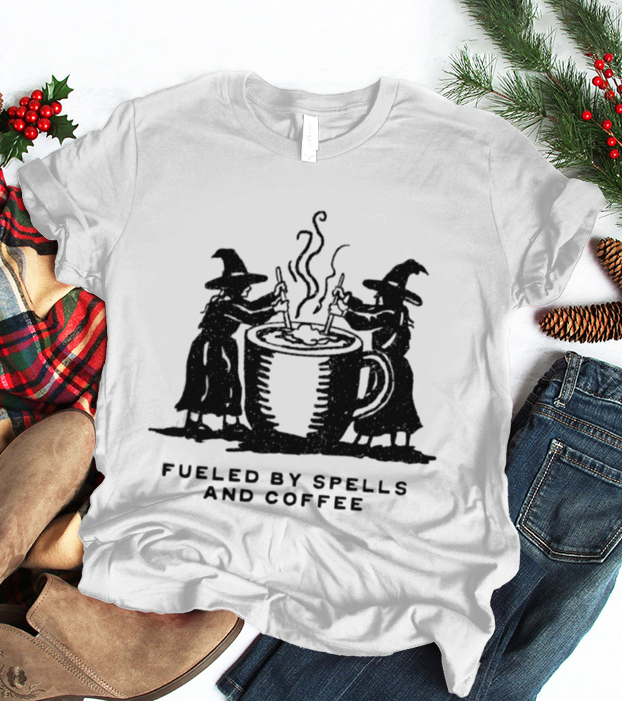 Fueled By Spells And Coffee Witch Magic Potion Cauldron Wizards T-Shirt