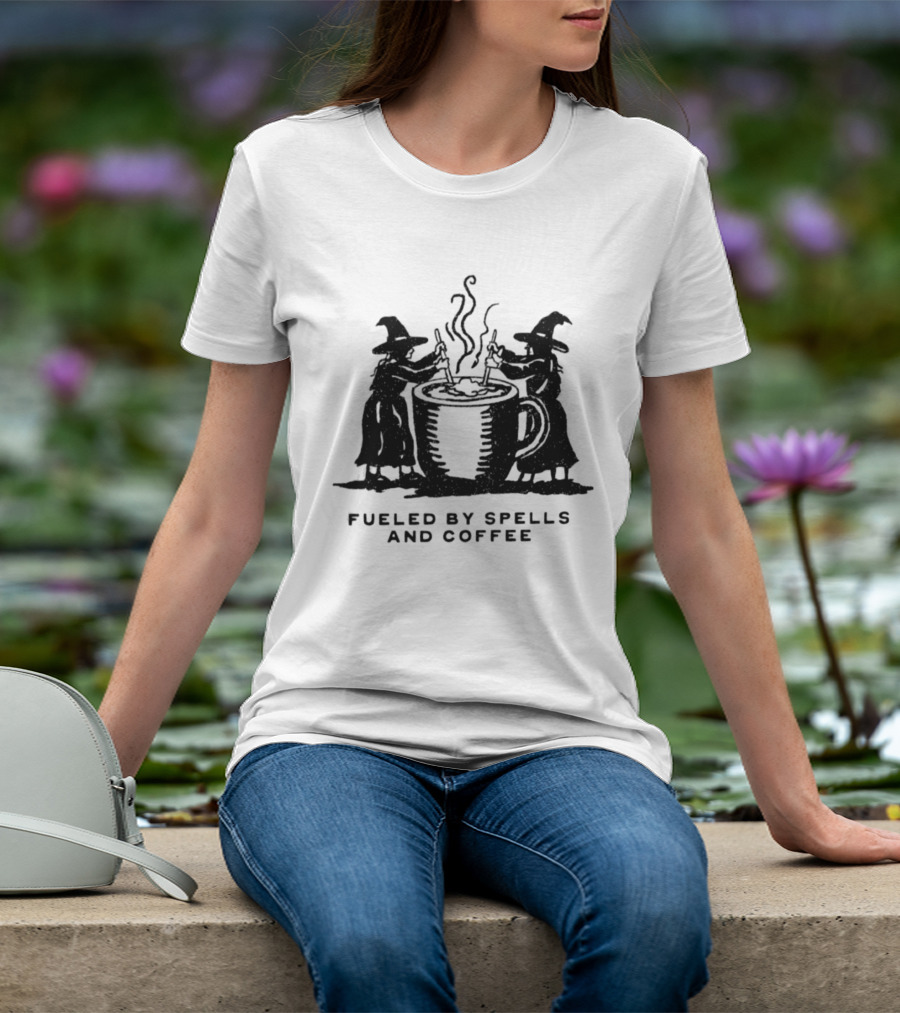 Fueled By Spells And Coffee Witch Magic Potion Cauldron Wizards T-Shirt