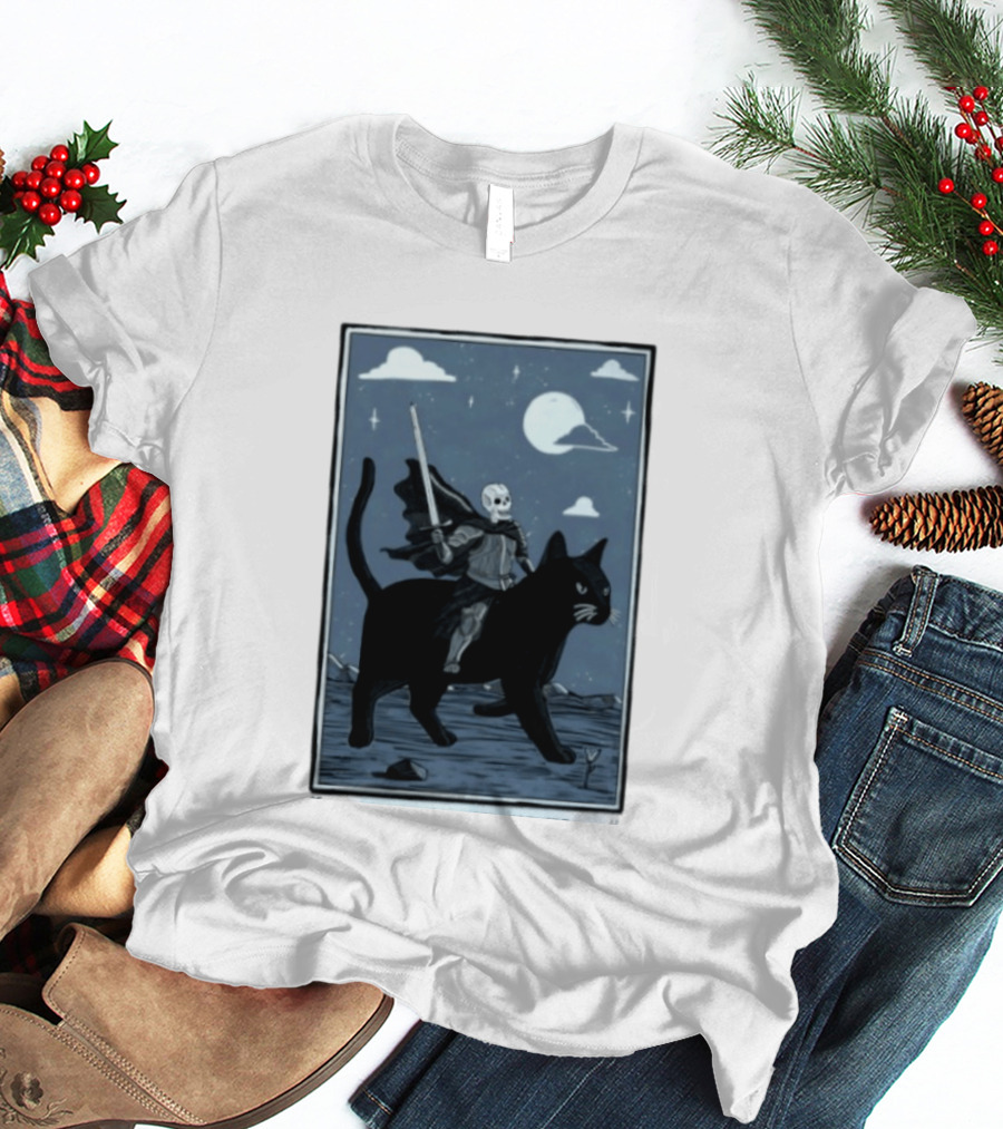 Skeleton Knight On Black Cat Under Moon And Stars Idle Hands Invite Mischief T-Shirt