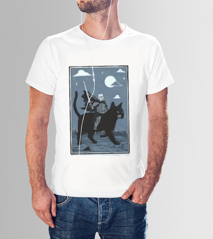Skeleton Knight On Black Cat Under Moon And Stars Idle Hands Invite Mischief T-Shirt