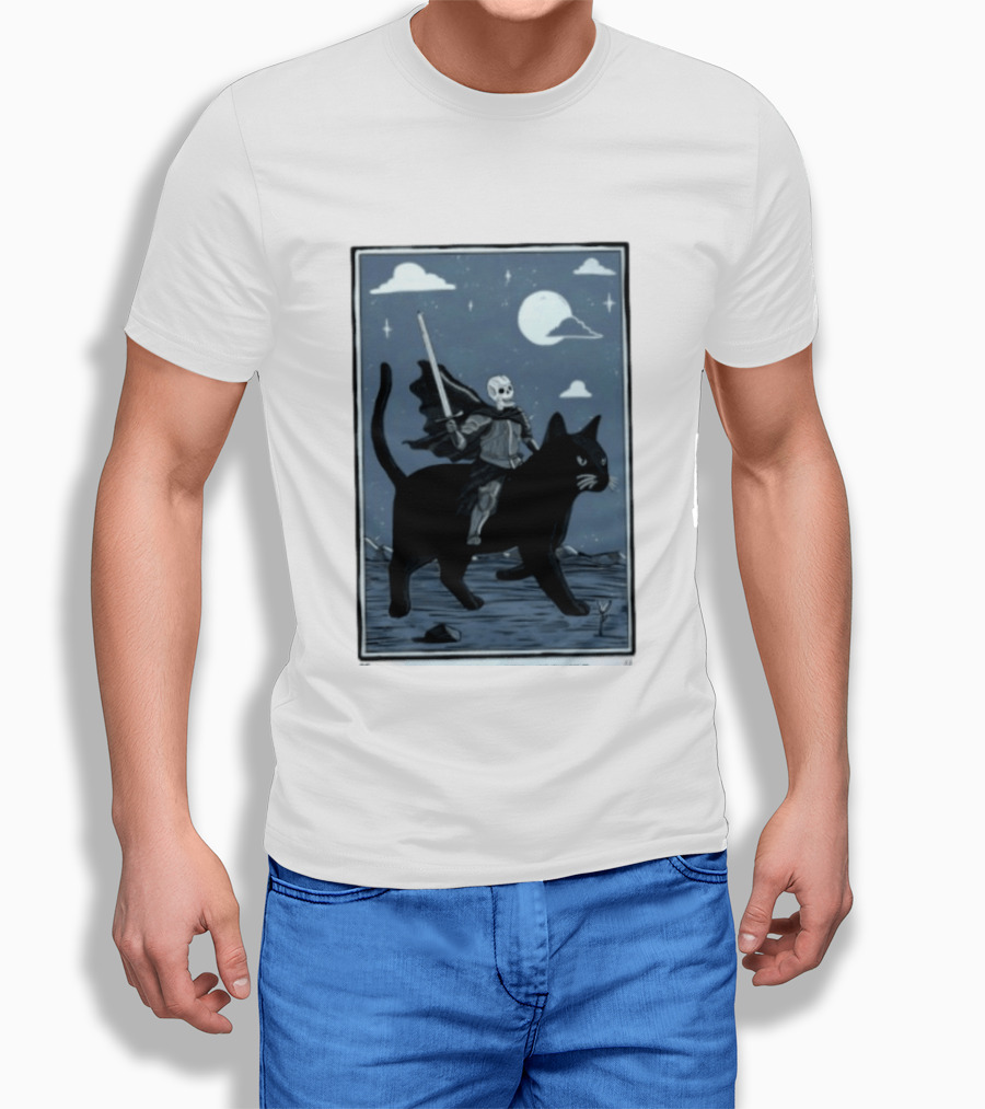 Skeleton Knight On Black Cat Under Moon And Stars Idle Hands Invite Mischief T-Shirt