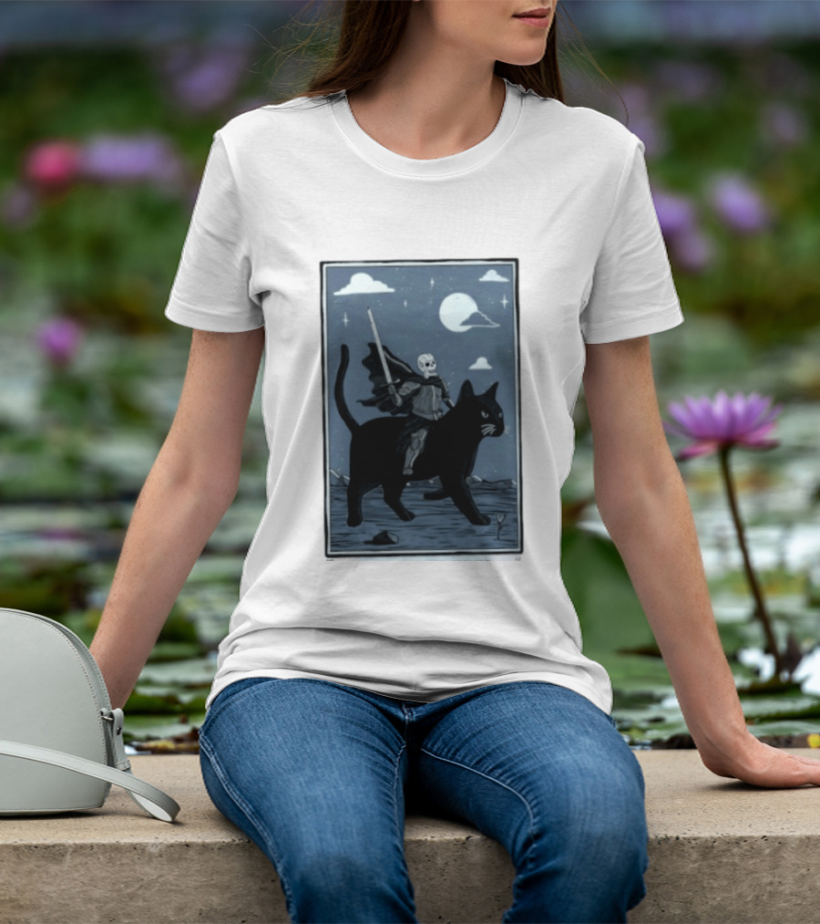 Skeleton Knight On Black Cat Under Moon And Stars Idle Hands Invite Mischief T-Shirt