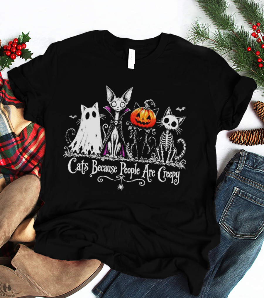 Cats Because People Are Creepy Halloween Cat Pumpkin Skeleton T-Shirt