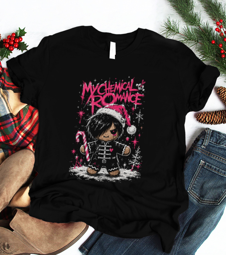 My Chemical Romance Emo Gingerbread Man Pink Christmas Parade With Candy Cane Santa Hat T-Shirt