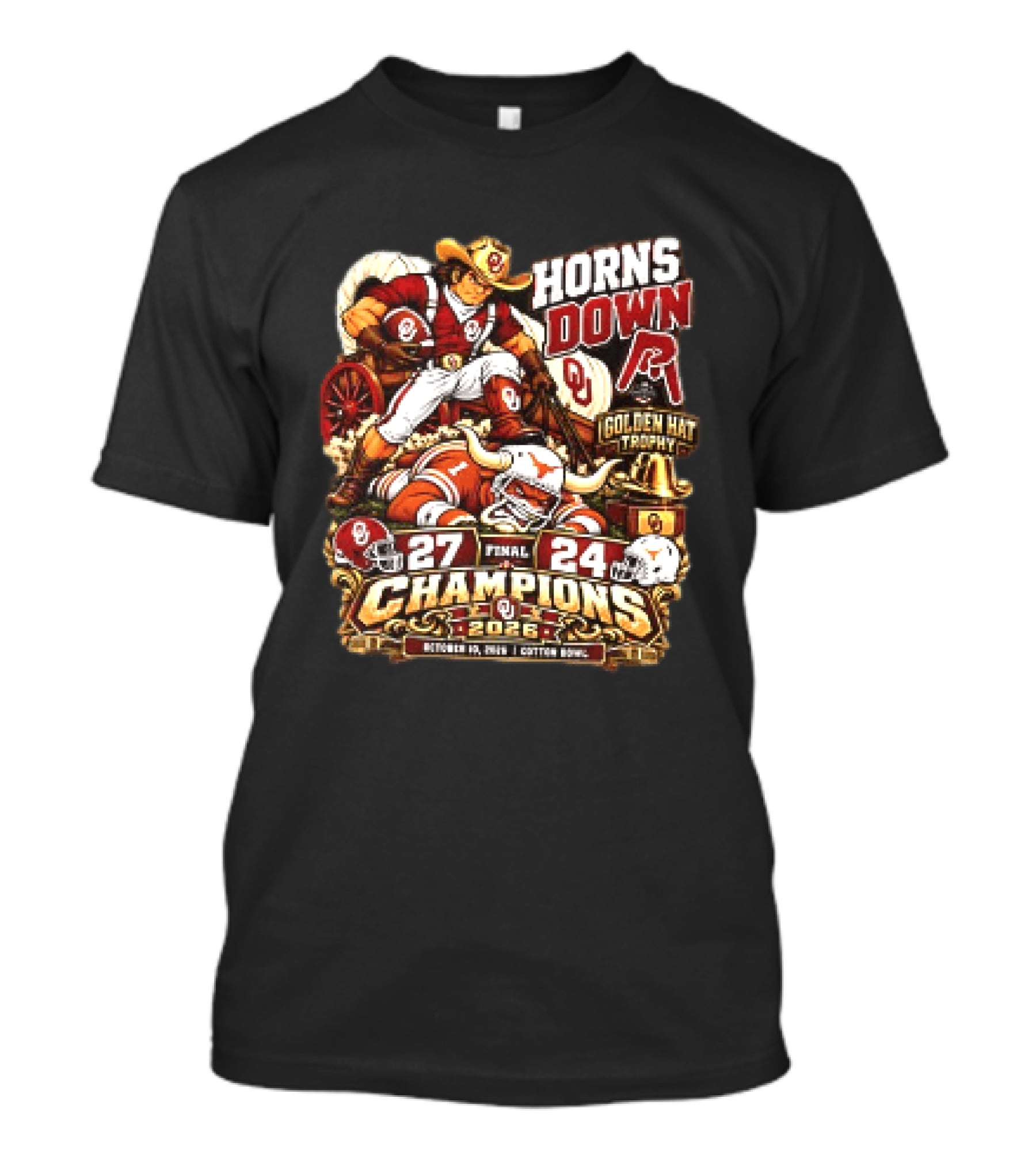 Oklahoma 27 24 Texas Red River Showdown Horns Down Golden Hat Trophy Champions 2026 T-Shirt