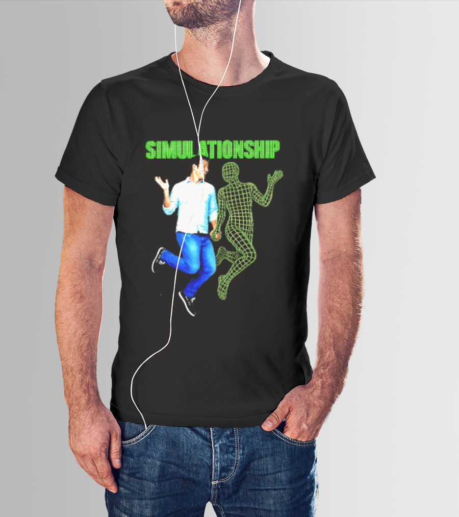 Simulationship Simulation Glitch Digital Jumping Man And Wireframe Figure T-Shirt
