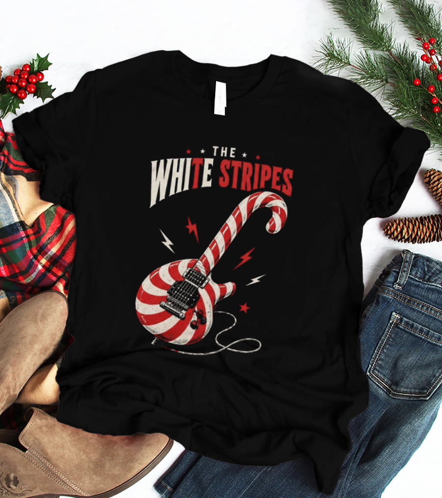 The White Stripes Candy Cane Christmas Guitar Rock Themes T-Shirt