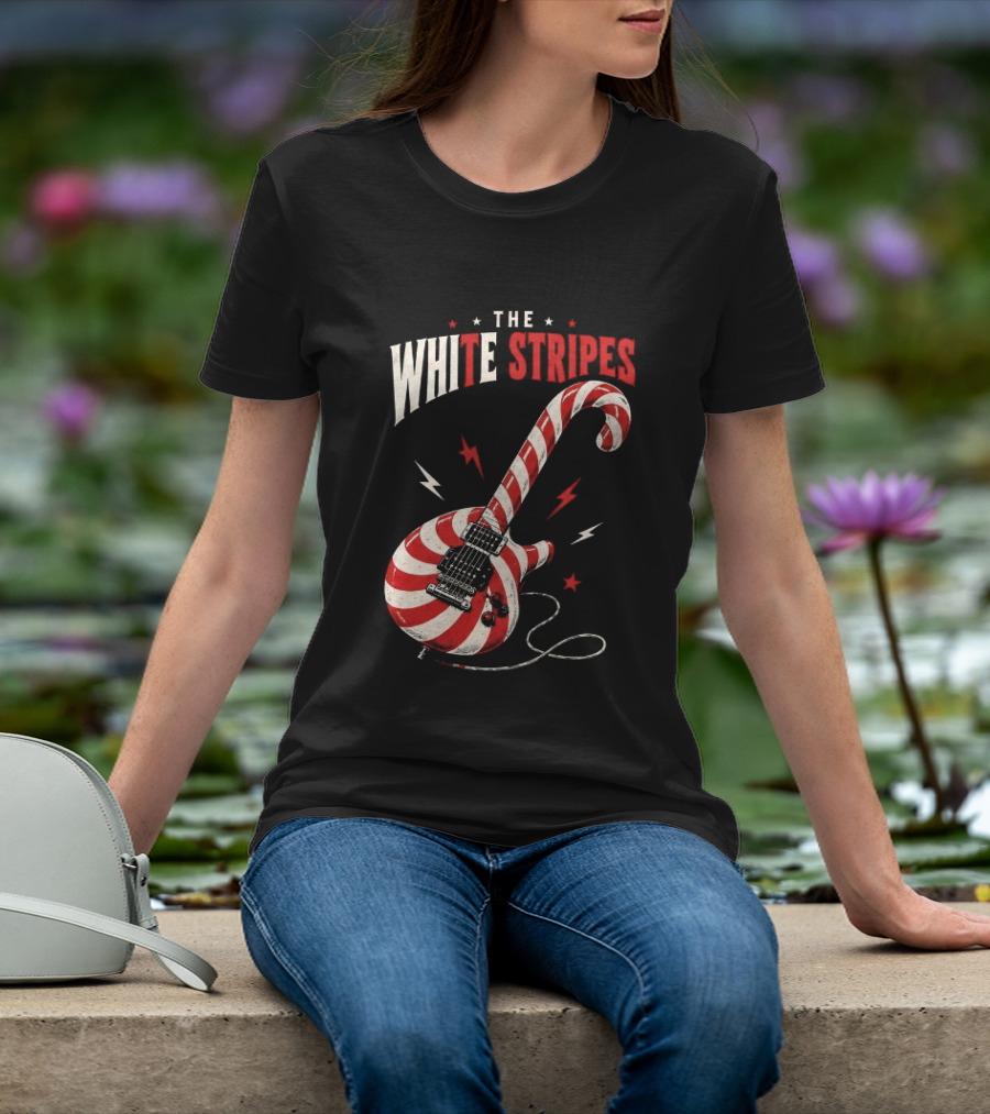 The White Stripes Candy Cane Christmas Guitar Rock Themes T-Shirt