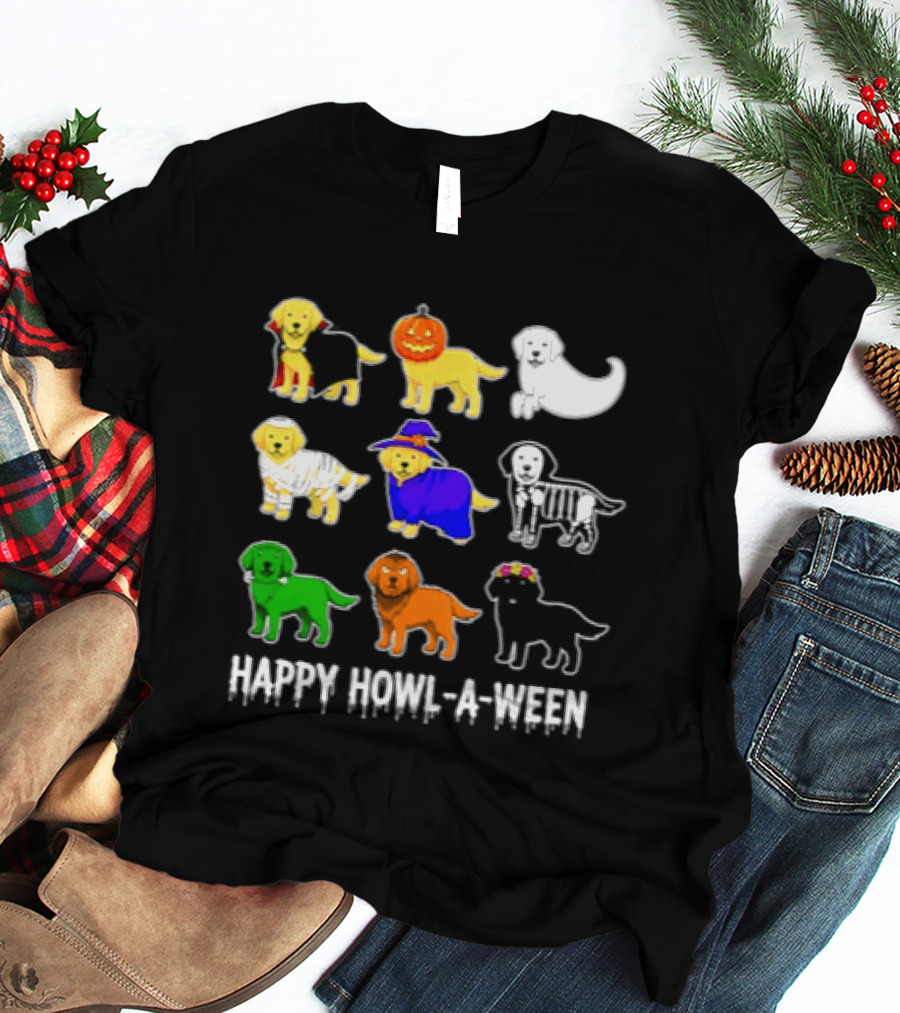 Happy Howl A Ween Dogs Halloween 2026 Pumpkin Witch Skeleton Costumes T-Shirt