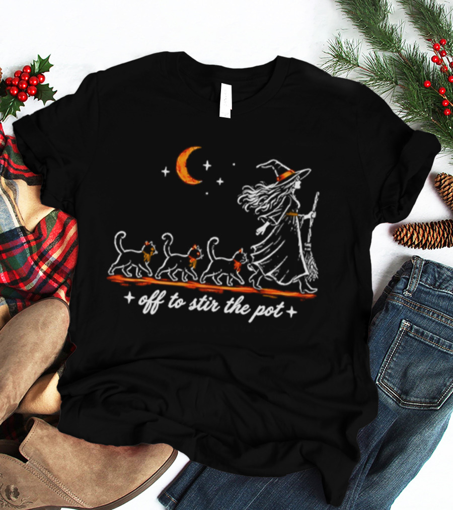 Off To Stir The Pot Witch Black Cats Halloween Moon Magic T-Shirt
