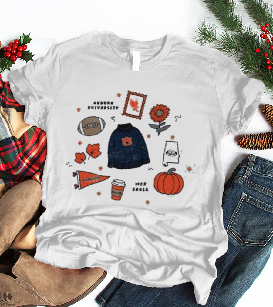 Auburn Tigers Summit Fall Scattered Sweater Football Pumpkin Leaves Latte T-Shirt