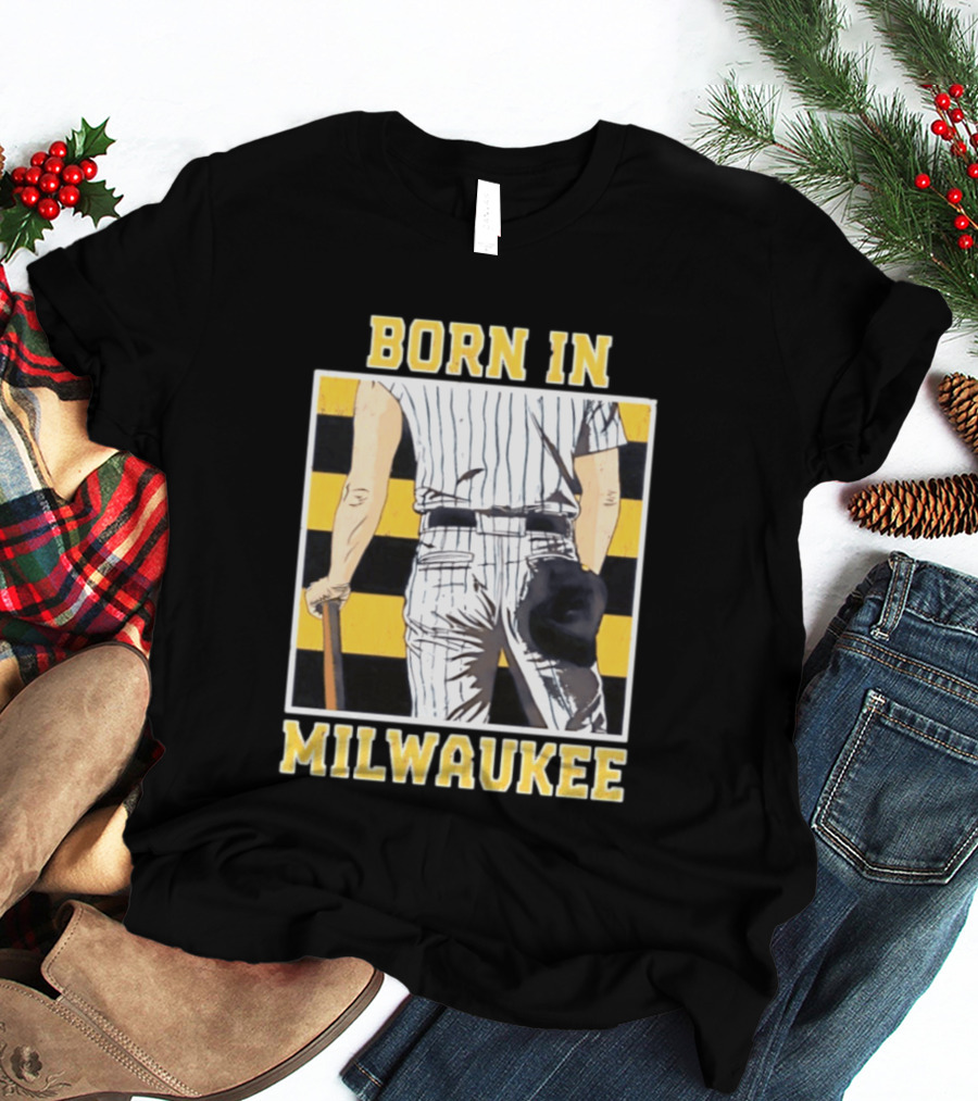 Born In Milwaukee Baseball Vintage Stripes Player Holding Cap T-Shirt