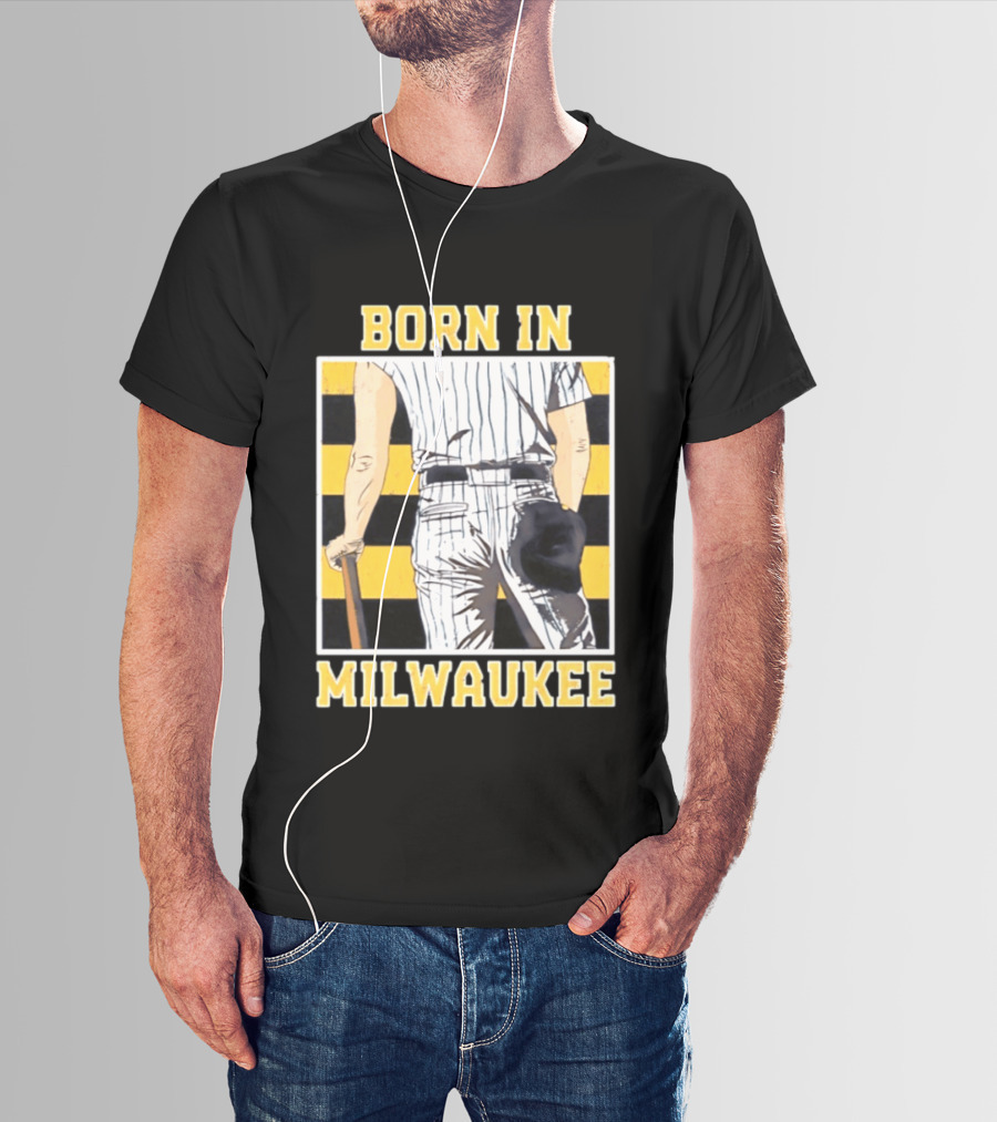 Born In Milwaukee Baseball Vintage Stripes Player Holding Cap T-Shirt