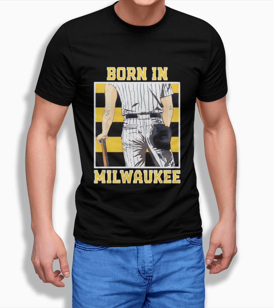 Born In Milwaukee Baseball Vintage Stripes Player Holding Cap T-Shirt