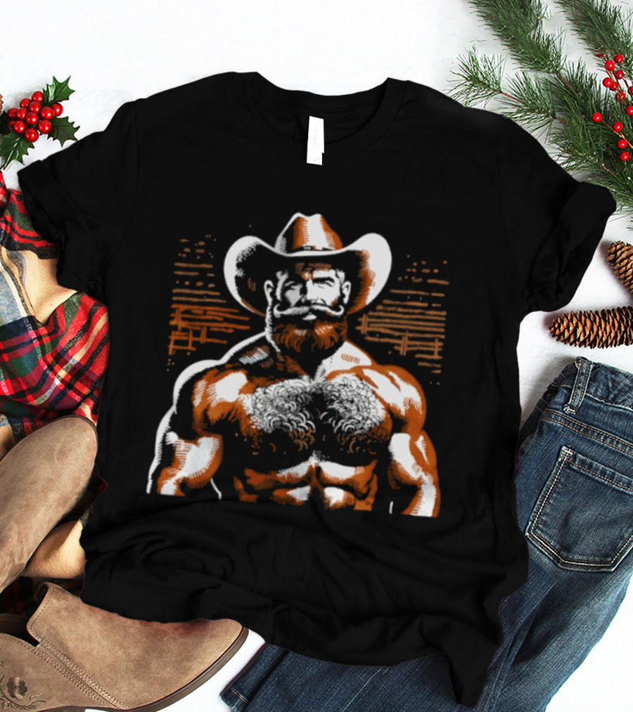 Hairy Cowboy Western Mustache Bearded Man Muscular Rancher T-Shirt