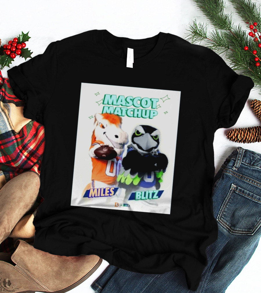 Mascot Matchup Miles Vs Blitz Denver Broncos Seattle Seahawks 2026 T-Shirt