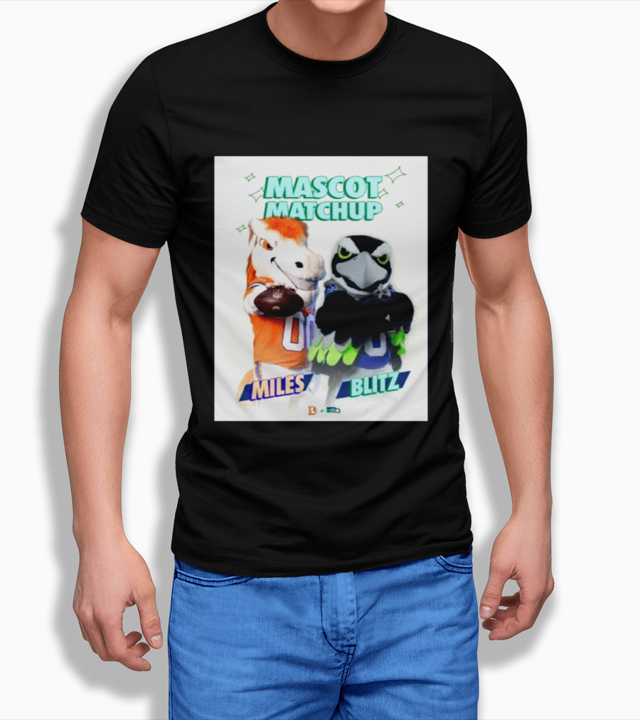 Mascot Matchup Miles Vs Blitz Denver Broncos Seattle Seahawks 2026 T-Shirt