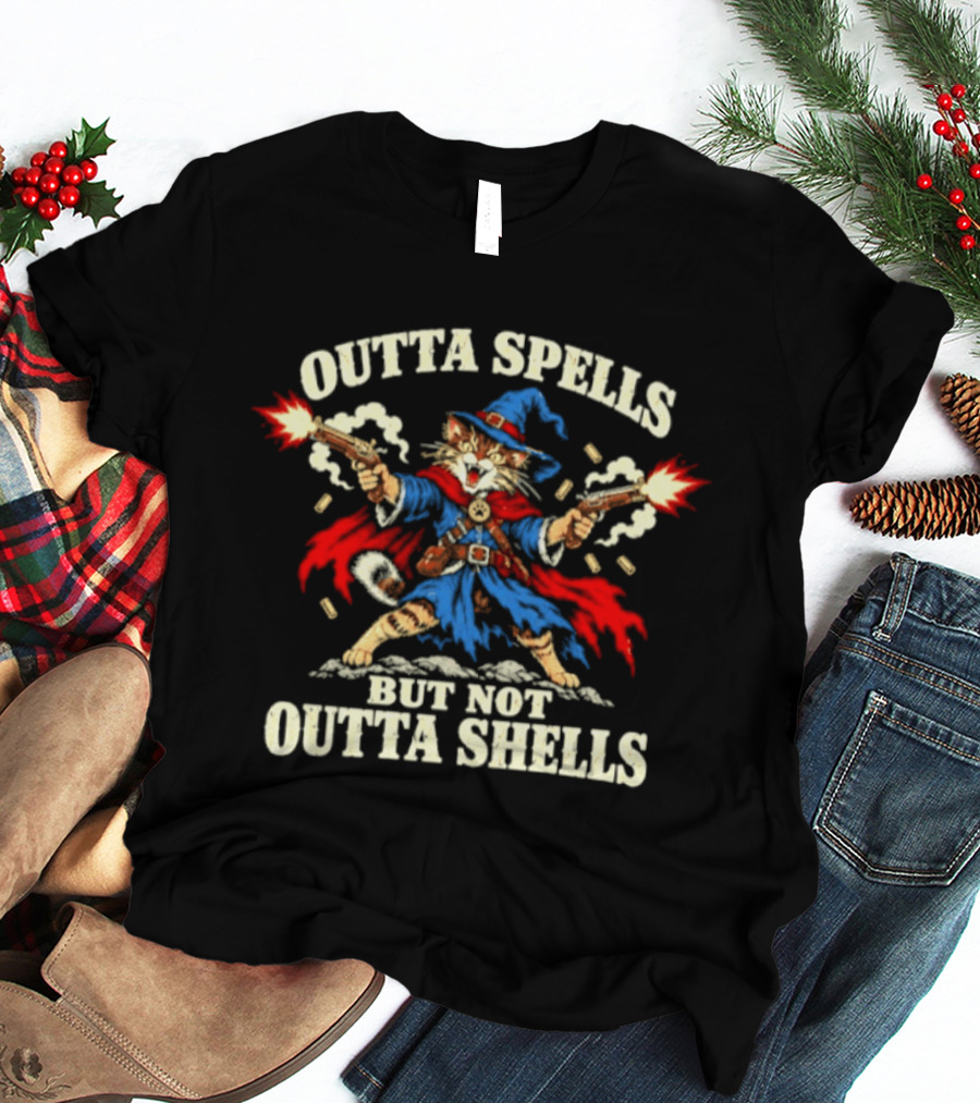 Outta Spells But Not Outta Shells Wizard Cat Pistol T-Shirt
