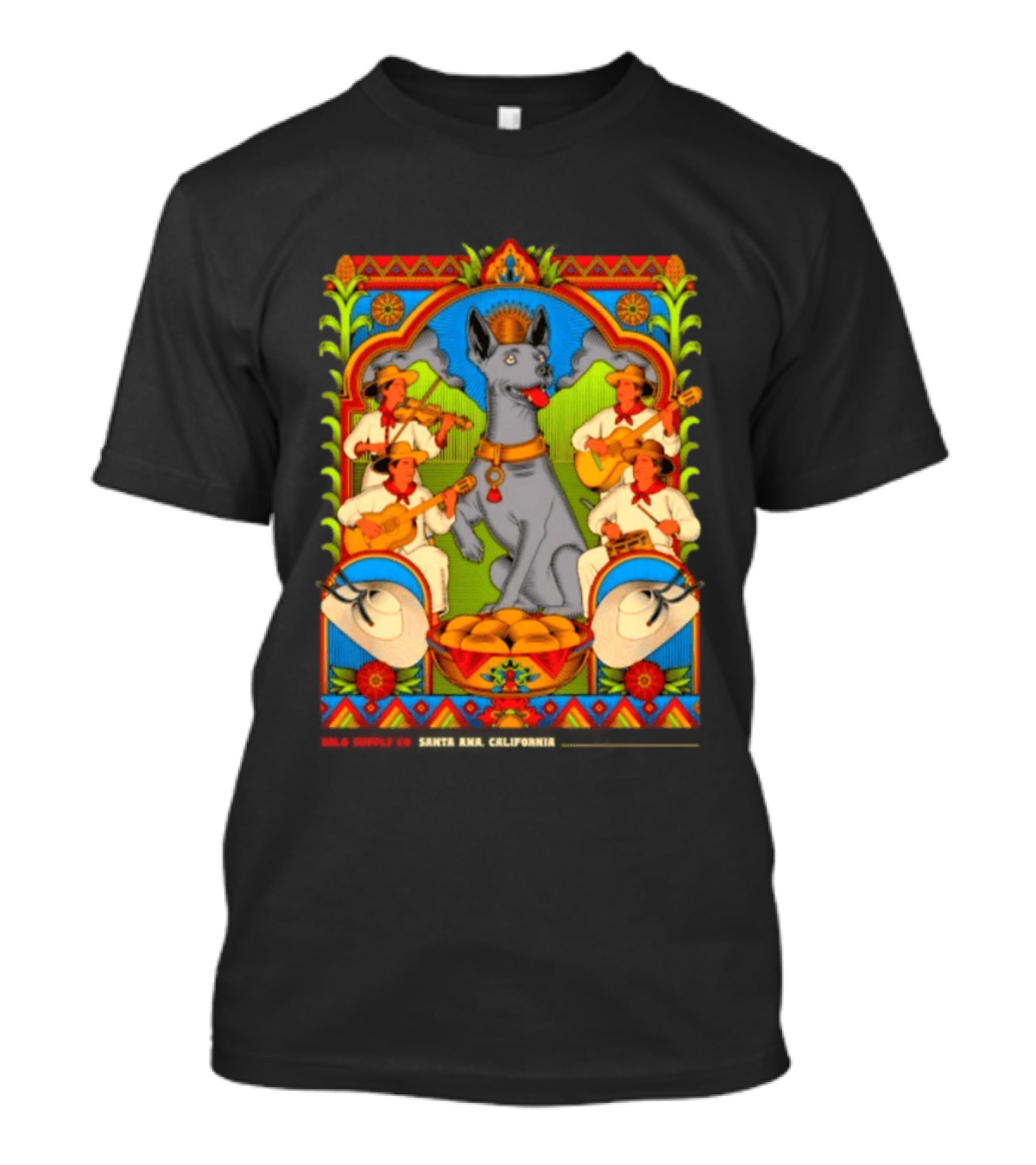 Xolo Supply Co Santa Ana California Xoloitzcuintli Vintage Mexican Art With Musicians And Dog T-Shirt