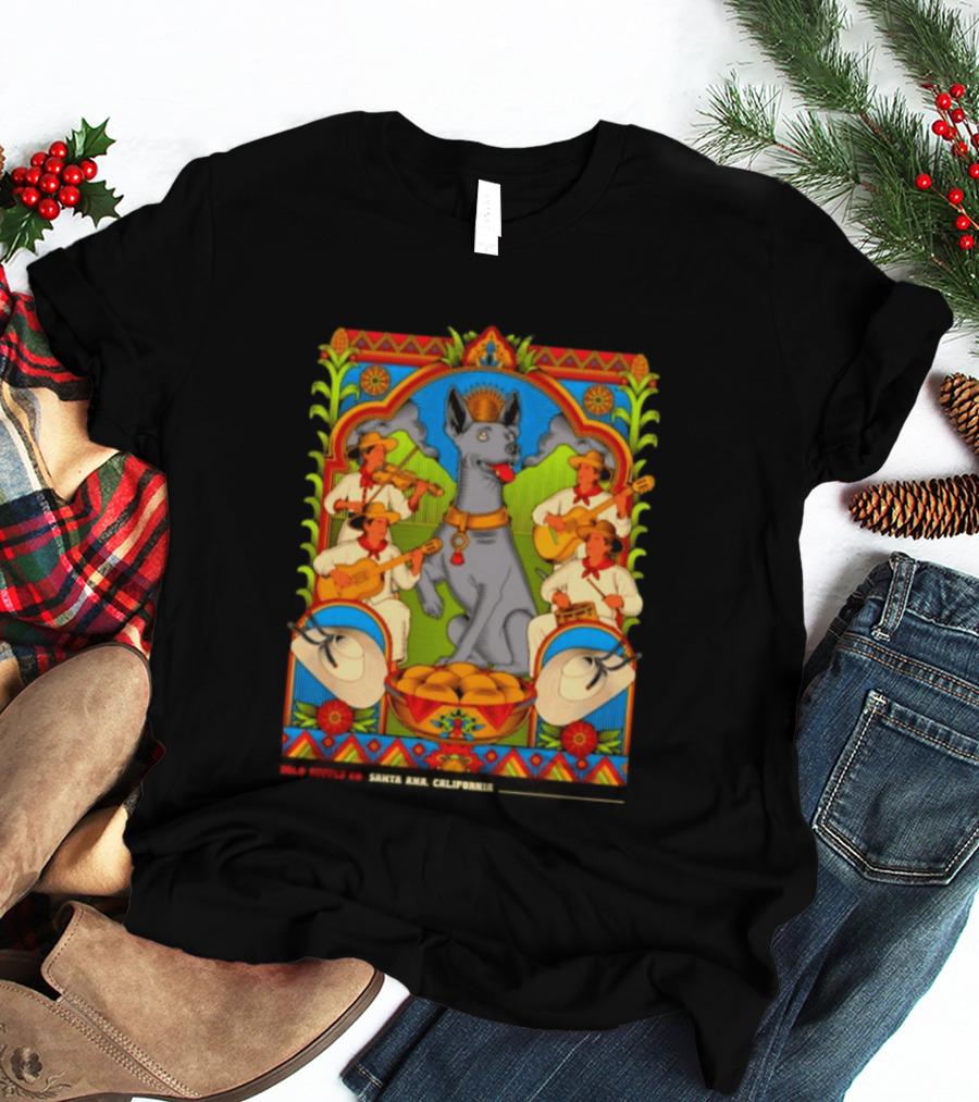 Xolo Supply Co Santa Ana California Xoloitzcuintli Vintage Mexican Art With Musicians And Dog T-Shirt